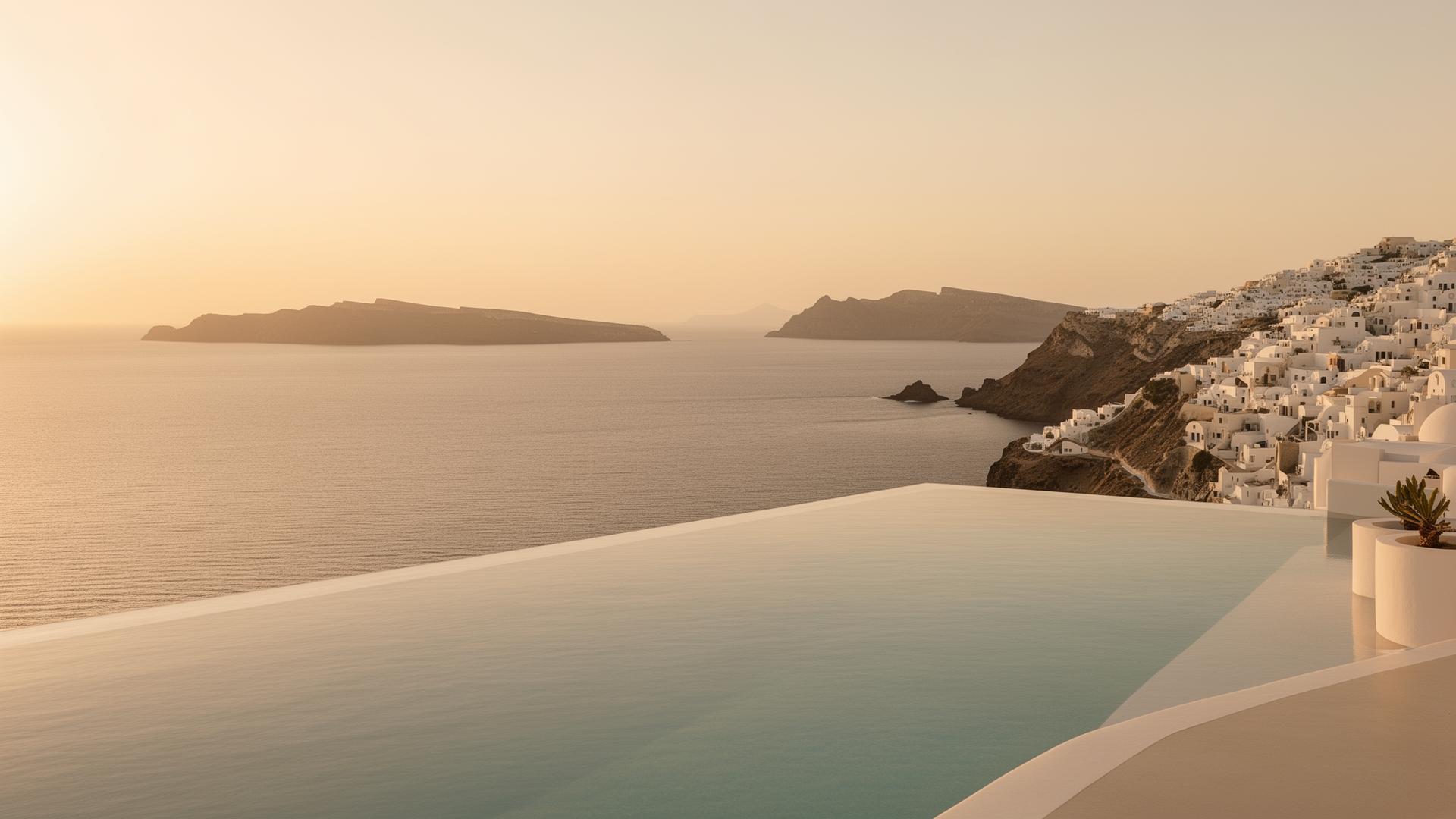 A serene infinity pool overlooking the Aegean at golden hour